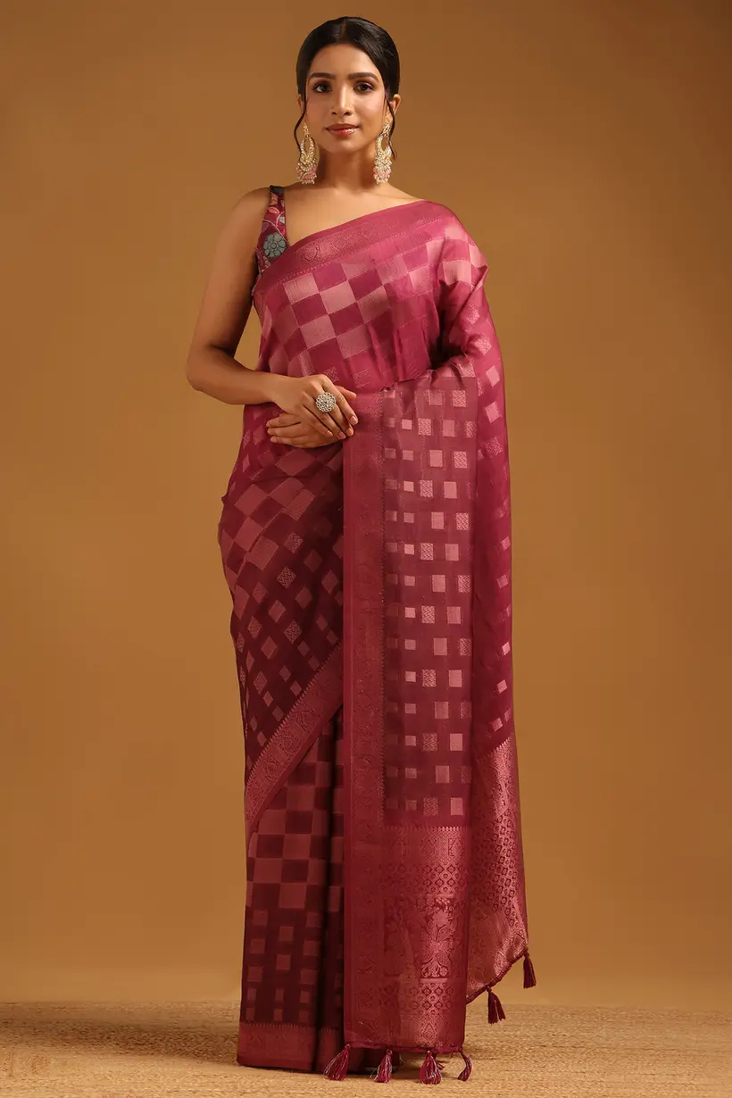 wine tussar checks saree with zari woven details